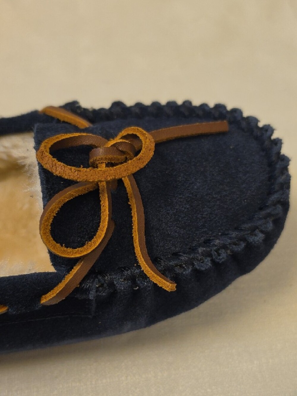 Minnetonka Navy Suede Moccasins with Tan Trim - Picture 3 of 8